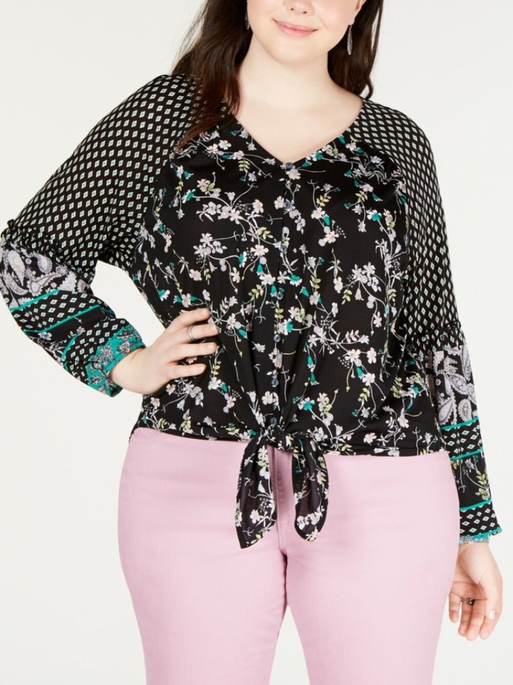 Style & Co Womens Plus Size Mixed Print Tie Front Top
